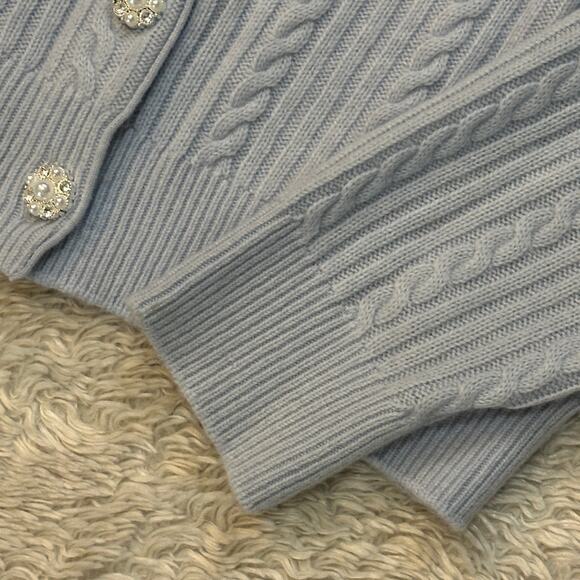 Maje Sz 3 US L Wool Cashmere Baby Blue Cable Knit Button Up Cardigan Sweater - Picture 9 of 12